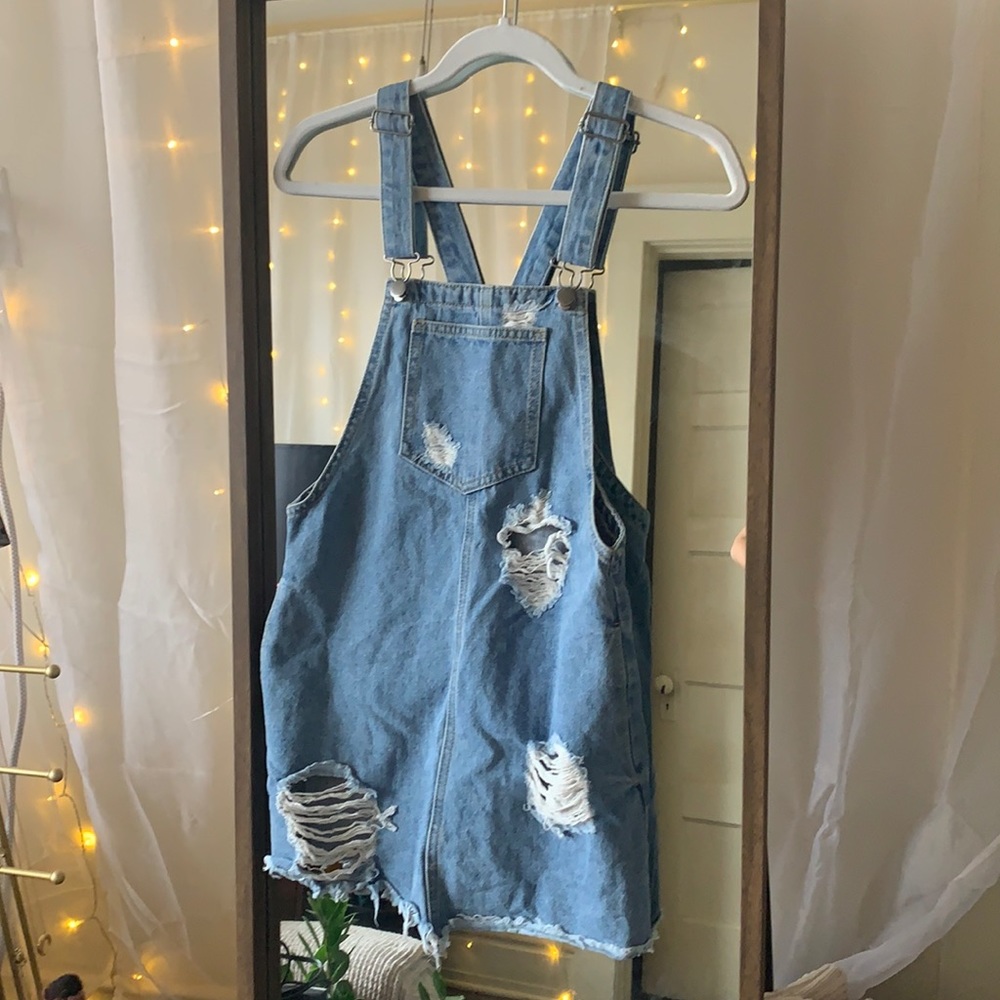 xs distressed denim overall dress